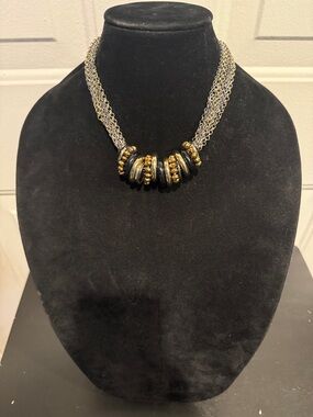 Chunky Multi-Strand Gold Tone Necklace Gold Crystal & Black Bead Accents